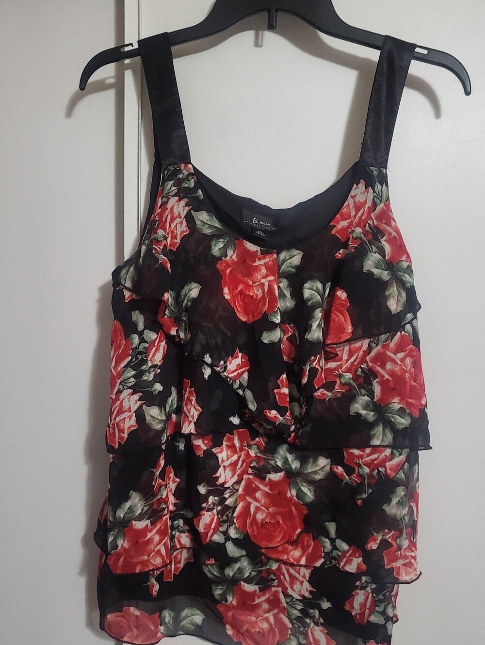 Xhilaration Black Floral Ruffle Camisole with Red Rose Print
